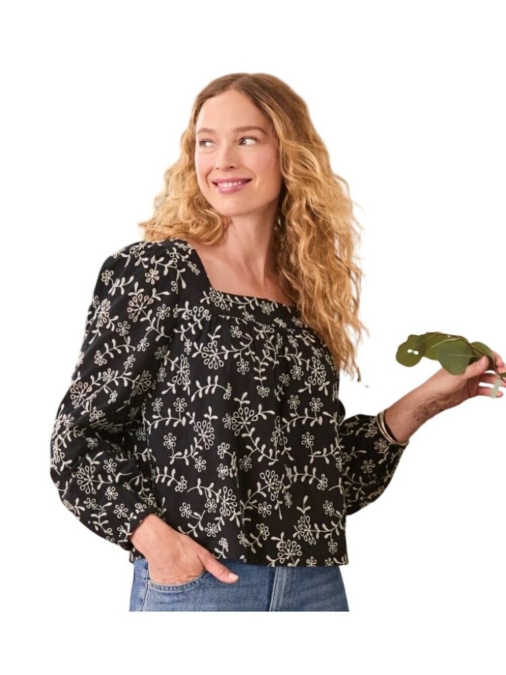 Garnet Hill Embroidered Eyelet Floral Square-Neck Long Sleeve Top size 18